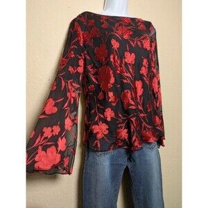 Vintage Red Black Burnout Floral Mesh Top Size Large Whimsigoth Romantic Pappell